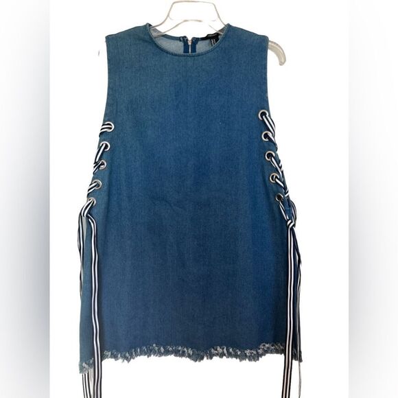 Forever 21 Blue Sleeveless Y2K Lace Up Side Frayed Hem Denim Shift Dress M - Picture 1 of 9
